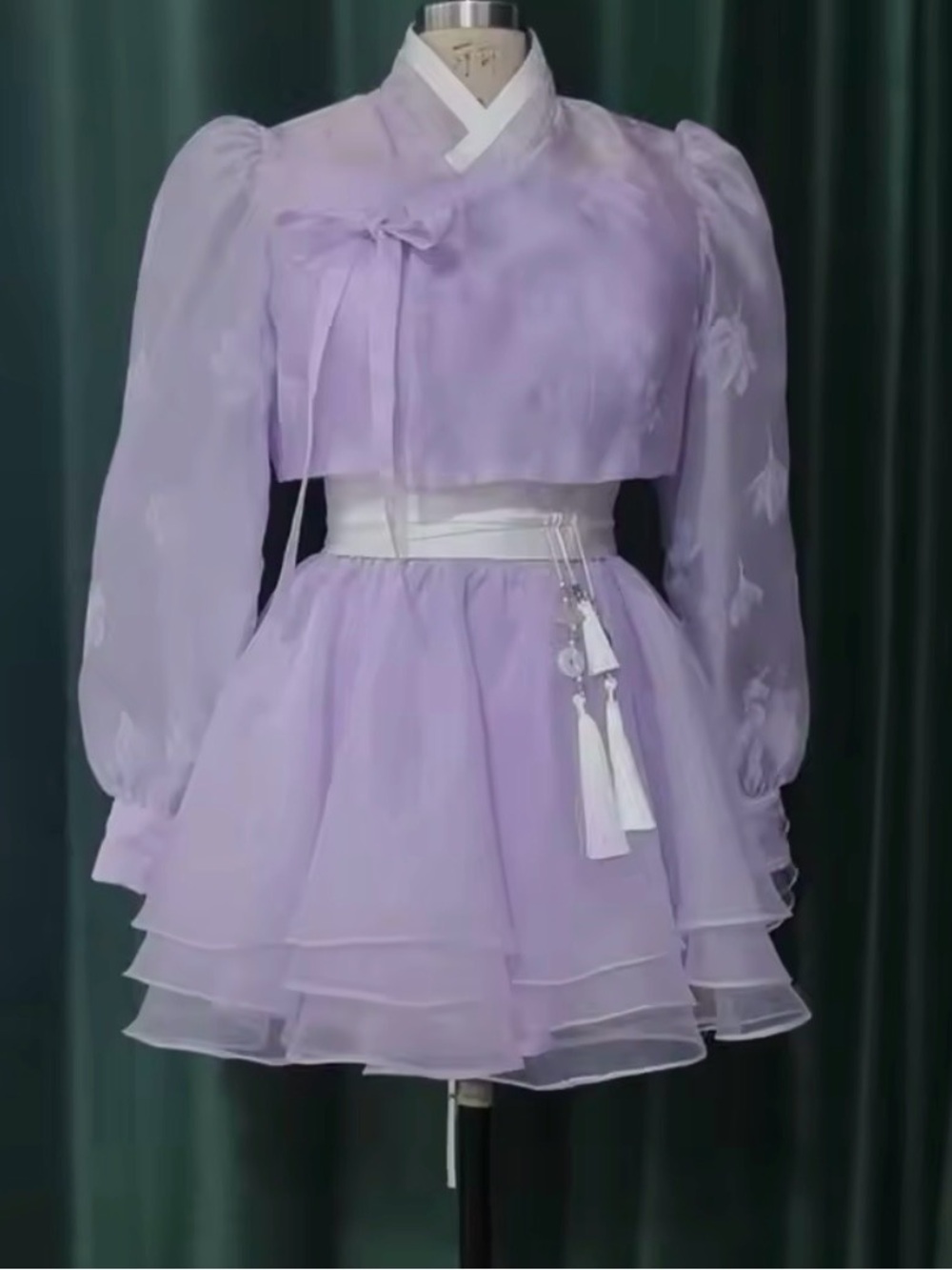 Lilac Organza Hanbok-Inspired Two-Piece Dress with Tassel Waist
